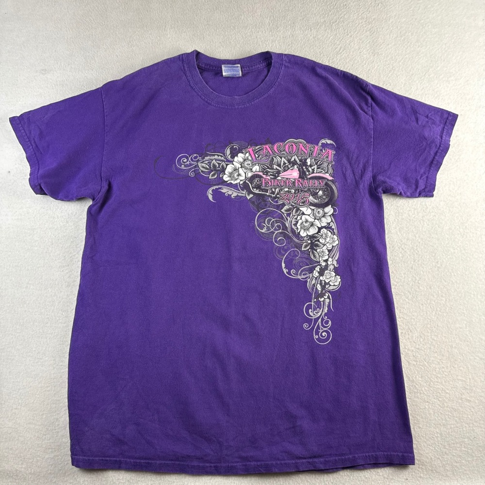 Gildan Purple Laconia Biker Rally 2015 Graphic T-Shirt Large Short Sleeve Cotton